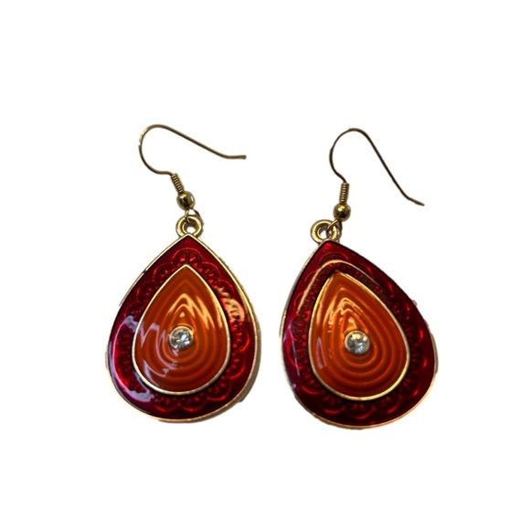 Vintage Dangle Tear Drops Earrings Red Orange With Crystal - Picture 5 of 6